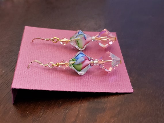 Upcycled Earrings, Pink Blue Green Swirls Beaded … - image 3