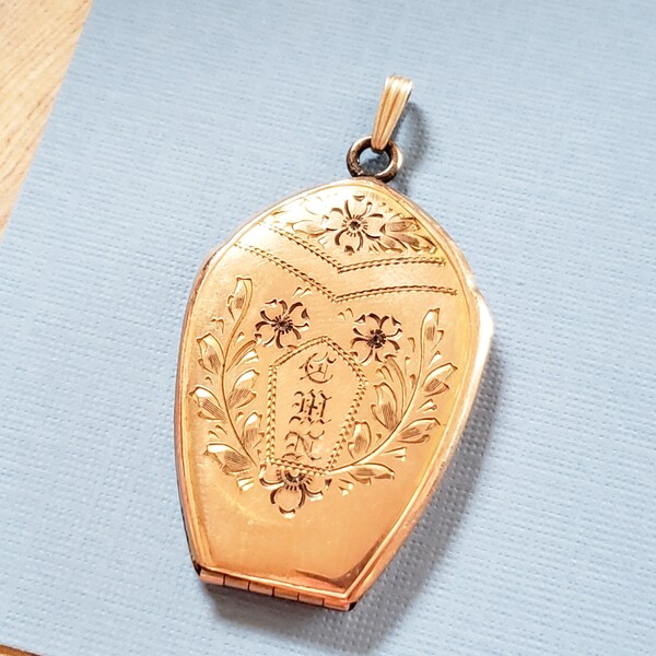 Antique Gold Filled Victorian Locket, Large Size, Semi-Coffin Shape, Hinge at Bottom, Bright Cut Engraved Incised Floral Motif,