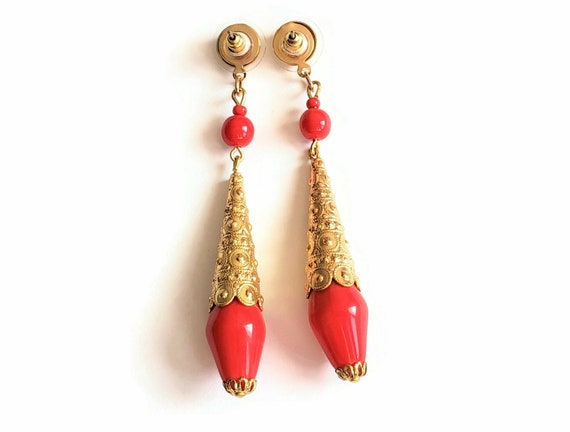 Vintage Gold and Red Long Dangle Pierced Earrings… - image 5
