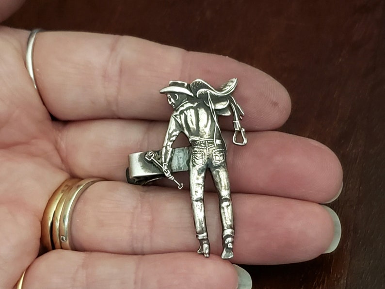 Well Detailed Adornment Vintage Sterling Silver Western Cowboy Tie Clip Full Silhouette of Man Holding a Horse Saddle and Branding Iron