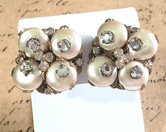 Vintage Signed Robert Clip On Earrings, Faux Pearls, Prong Set Rhinestones, Golden Brass Metal, Unusual Unique Design  16RRW