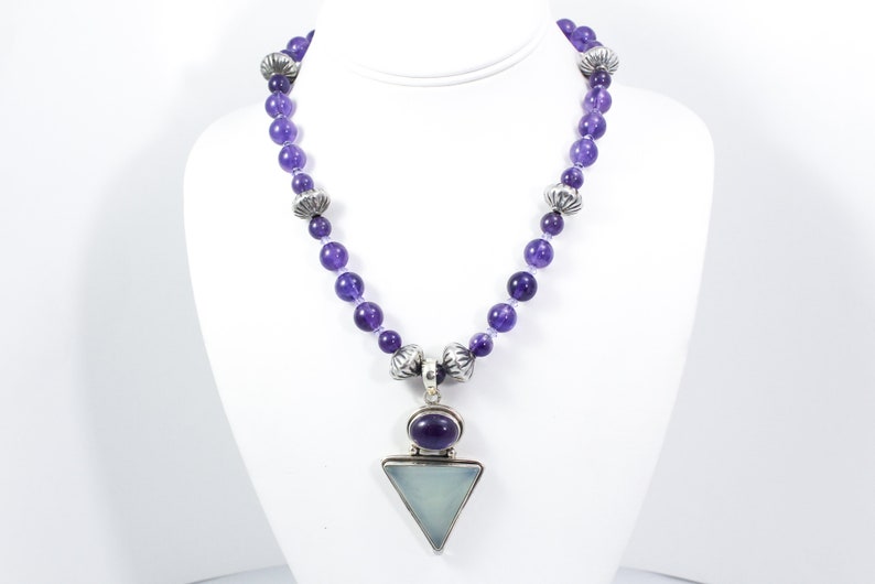 Triangle Shaped Pendant Sterling Silver Hand Cut Beads Boho Heavy 18 Inches Long Vintage Amethyst Beaded Necklace Artisan Made Necklace