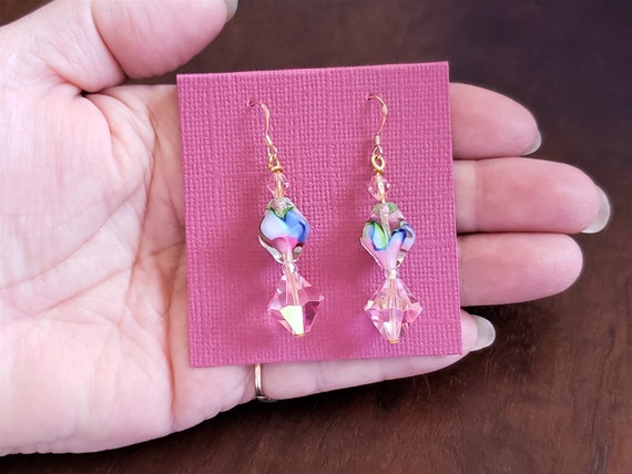 Upcycled Earrings, Pink Blue Green Swirls Beaded … - image 9
