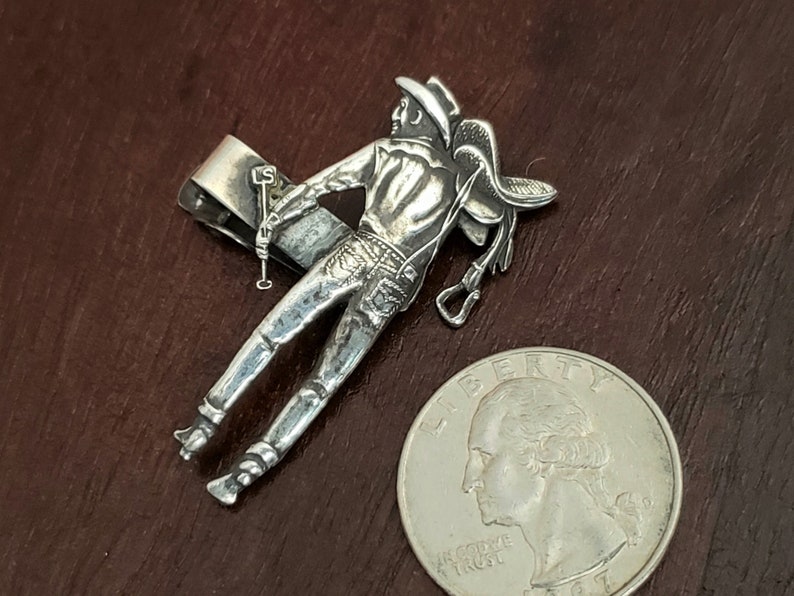 Well Detailed Adornment Vintage Sterling Silver Western Cowboy Tie Clip Full Silhouette of Man Holding a Horse Saddle and Branding Iron