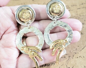Vintage Signed J Jansen [Designs] Silver and Gold Clip on Earrings, Unique, Collectible, Chunky Large "Get You Noticed" Fashion Earrings Fun