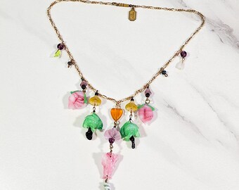 Vintage Pididdly Links Necklace, Colorful Glass Charms in Shapes