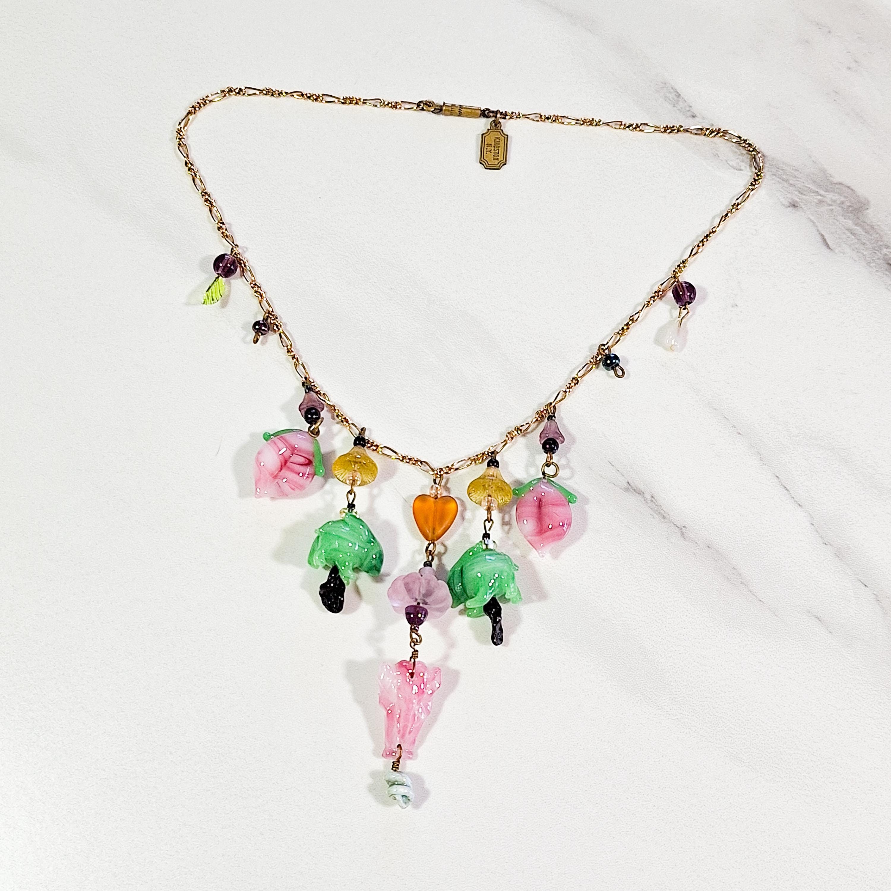 Vintage Pididdly Links Necklace, Colorful Glass Charms in Shapes