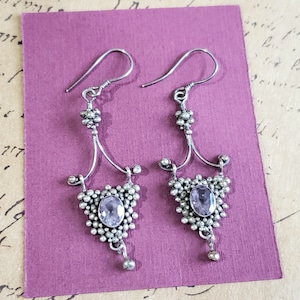 Vintage Sterling Silver Long Dangle Earrings, Granulated, Surface Textured with Tiny Silver Balls, Oval Lavender Amethyst Accents