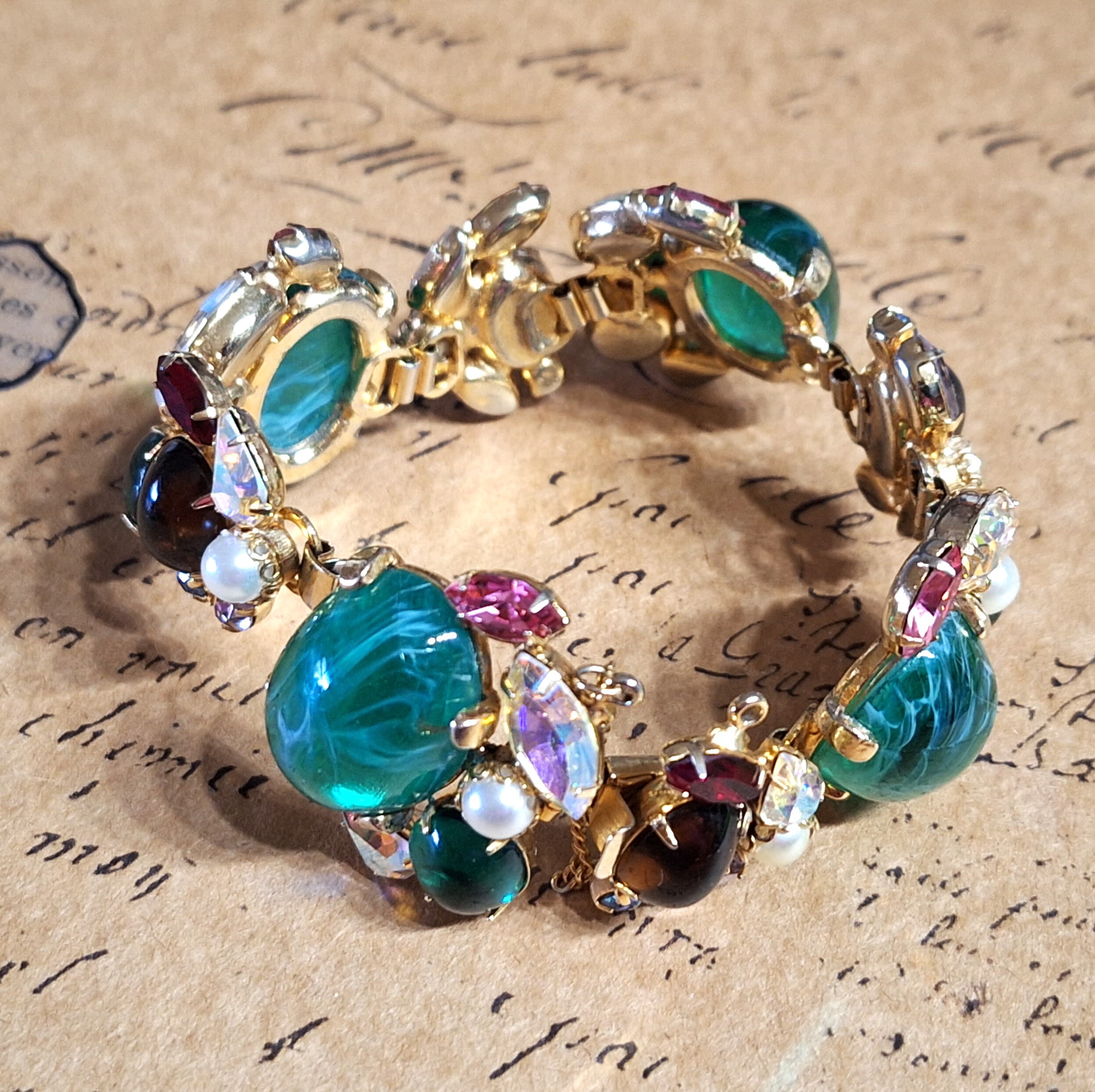 Vintage Alice Caviness Art Glass Rhinestone Bracelet, Chunky