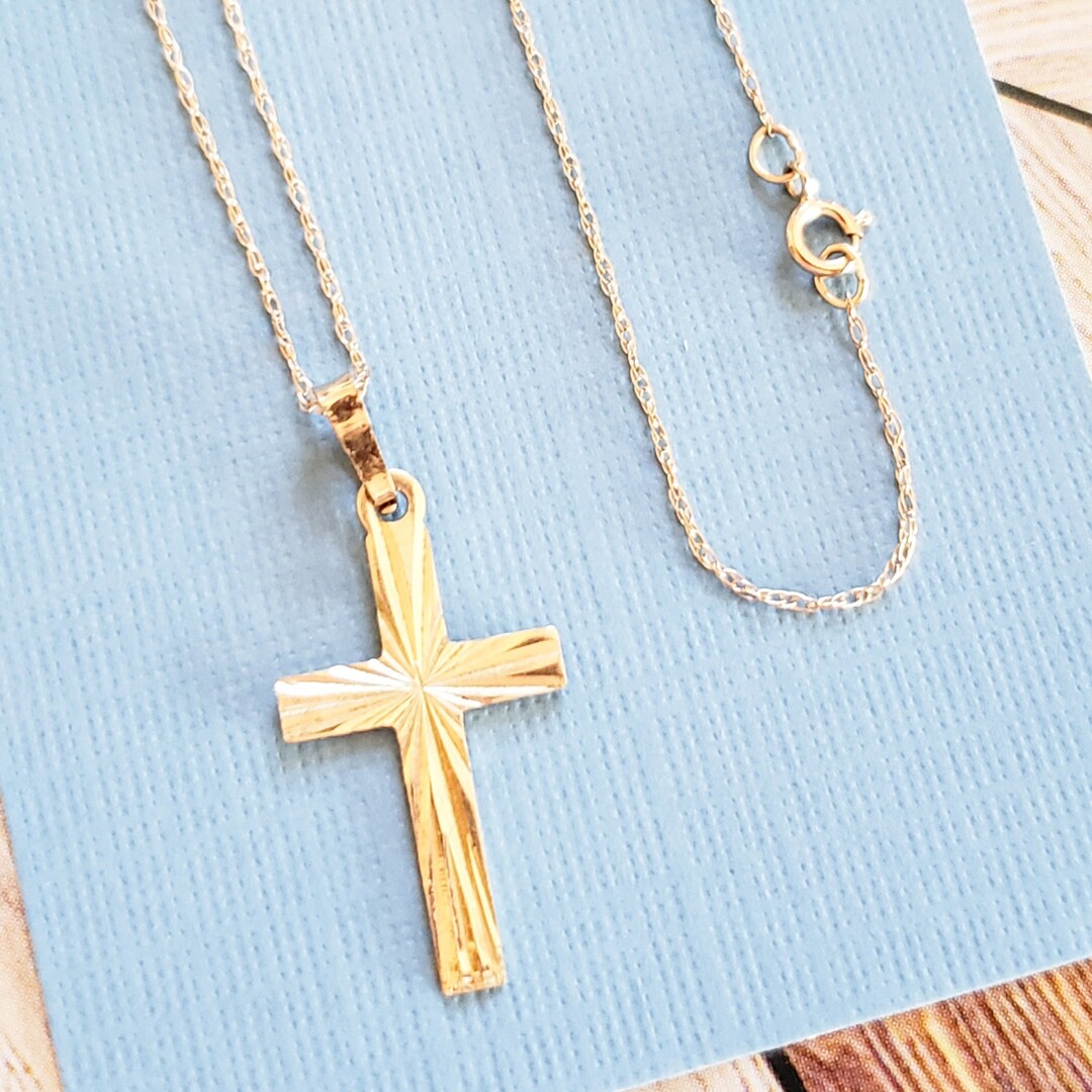 Vintage 10k Gold Cross Pendant Necklace, Dainty Yellow Gold Cross With ...