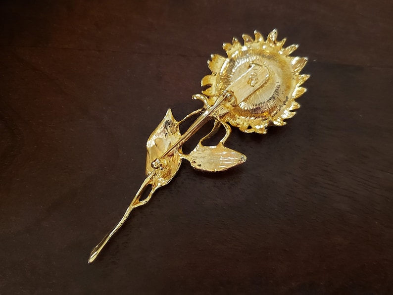 Versatile Colors Shiny Rich Gold Tone Metal Big Style Bright Clear Rhinestones Long Tall Sunflower Shaped Vintage Sunflower Brooch