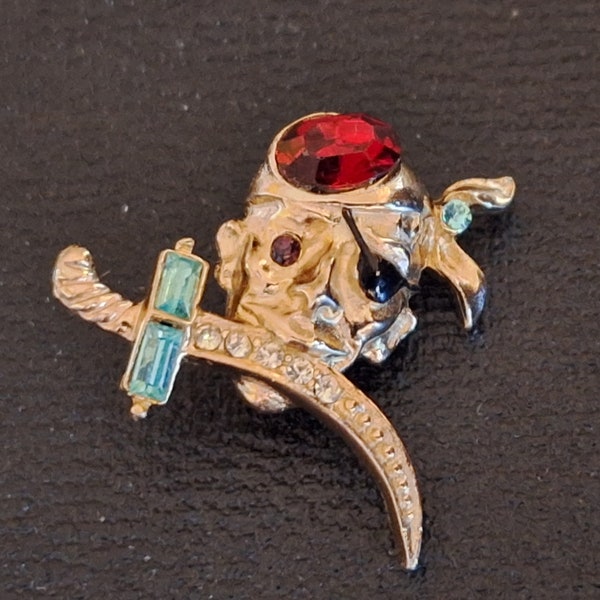 Vintage Signed Coro Pirate Pin, 1951 Scatter Pin, Pirate Head with Eye Patch Sword Red and Blue Rhinestones VGC Fun Collectible  JP58H