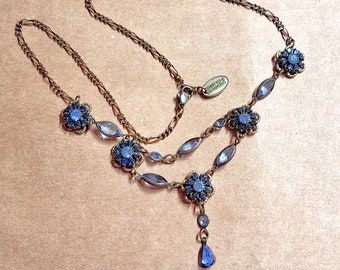 Vintage Kenny Ma San Francisco Blue Rhinestone Necklace with Center Drop Pendant, Floral Designs, Aged Brass Finish Figaro Chain  QJIL9