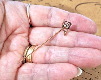 Antique 10k Lucky Wishbone Stick Pin with Tiny Seed Pearls, Victorian Pin, Vintage Gold Jewelry, Solid Gold Not Filled, Convert to Ring?