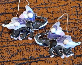Vintage Zarah Cloisonne Enamel Elephant Earrings with Pearls and Moonstone Accents, Black, White, Purple, Lavender, pink  F932R