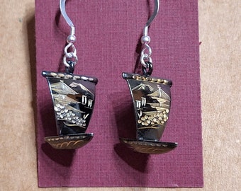 Vintage Japanese Sailboat Earrings Sterling Silver, Black with Etched Japanese Water Garden Images, Converted Old Screw Back Earrings