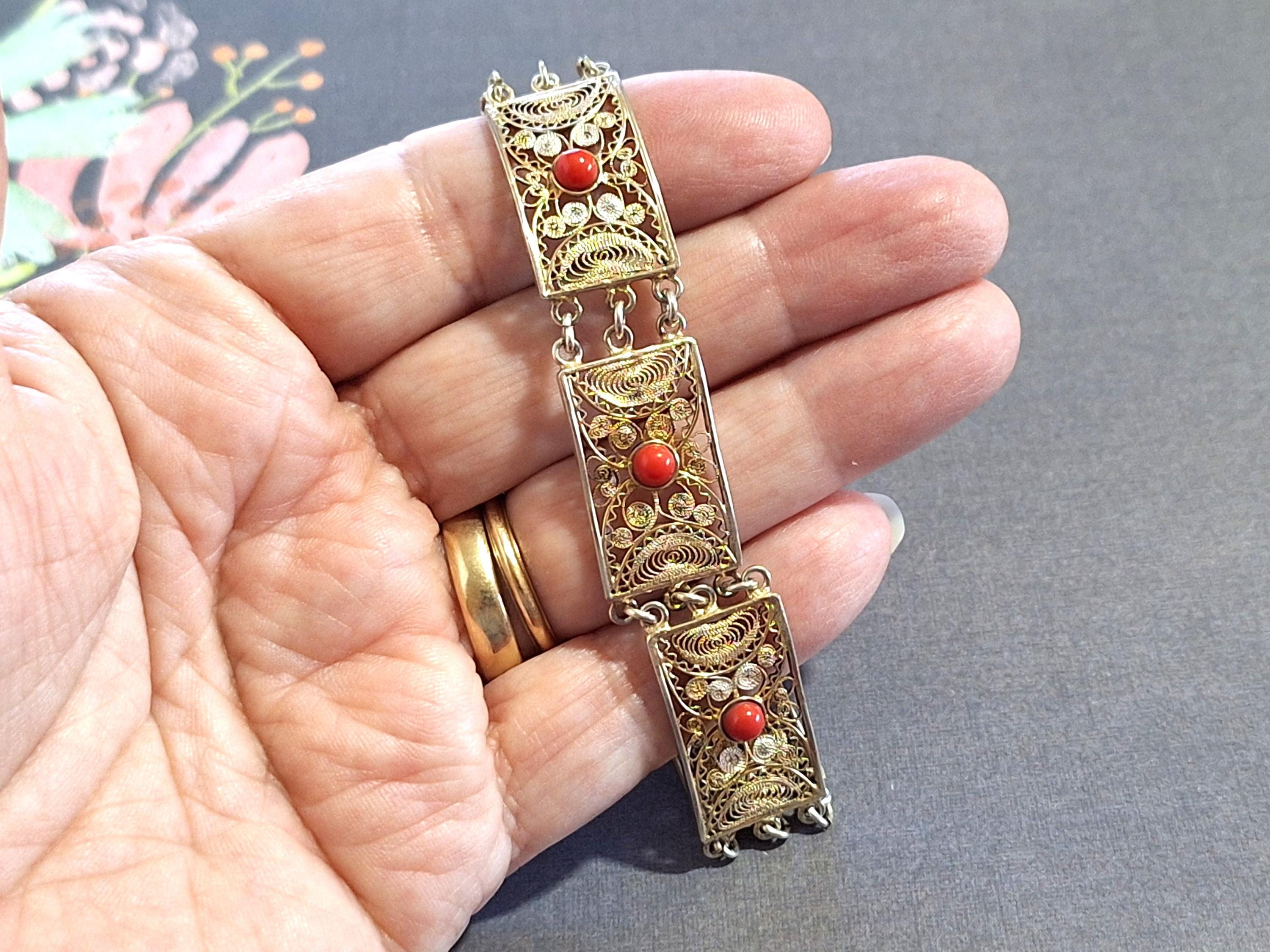 Vintage 800 Silver Gold Vermeil Chain Link Bracelet With Coral