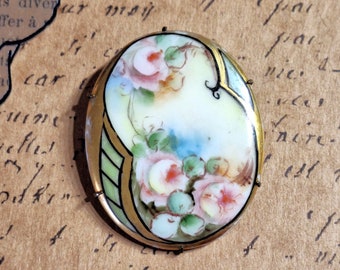 Vintage Floral Scene Ceramic Brooch Handpainted Art Deco Theme China Porcelain Oval Prong Set Accessory Adornment