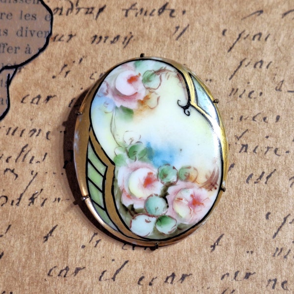 Vintage Floral Scene Ceramic Brooch Handpainted Art Deco Theme China Porcelain Oval Prong Set Accessory Adornment