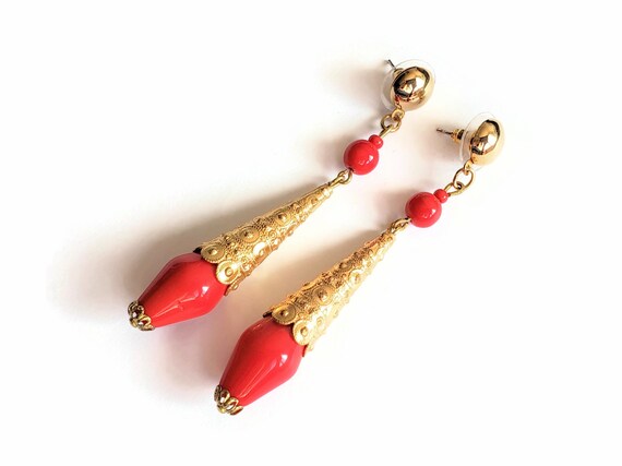 Vintage Gold and Red Long Dangle Pierced Earrings… - image 3