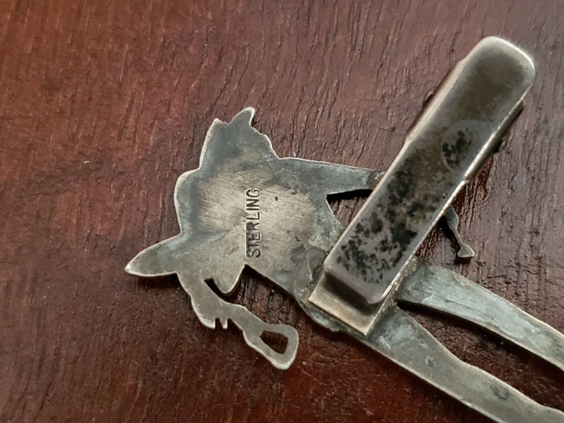 Well Detailed Adornment Vintage Sterling Silver Western Cowboy Tie Clip Full Silhouette of Man Holding a Horse Saddle and Branding Iron