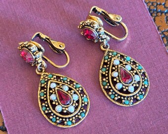 Vintage signed ART Earrings, Clip On, Ruby Red Rhinestones, Seed Pearls and Tiny Turquoise Bead Accents, Fashion Clip Earrings  XLDIT