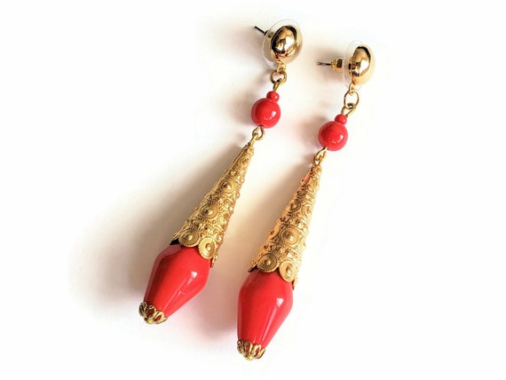 Vintage Gold and Red Long Dangle Pierced Earrings… - image 1