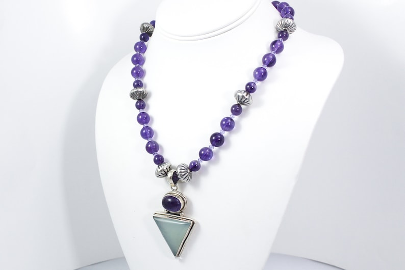 Triangle Shaped Pendant Sterling Silver Hand Cut Beads Boho Heavy 18 Inches Long Vintage Amethyst Beaded Necklace Artisan Made Necklace
