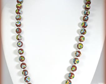 Vintage Chinese Import Enamel Floral Cloisonne Bead necklace 24 Inch Cinnabar Red Apple Green Sky Blue Sunshine Yellow Cloud White Fun2Wear