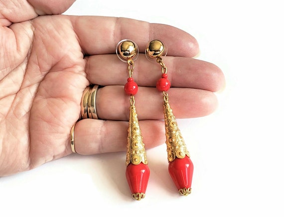 Vintage Gold and Red Long Dangle Pierced Earrings… - image 6