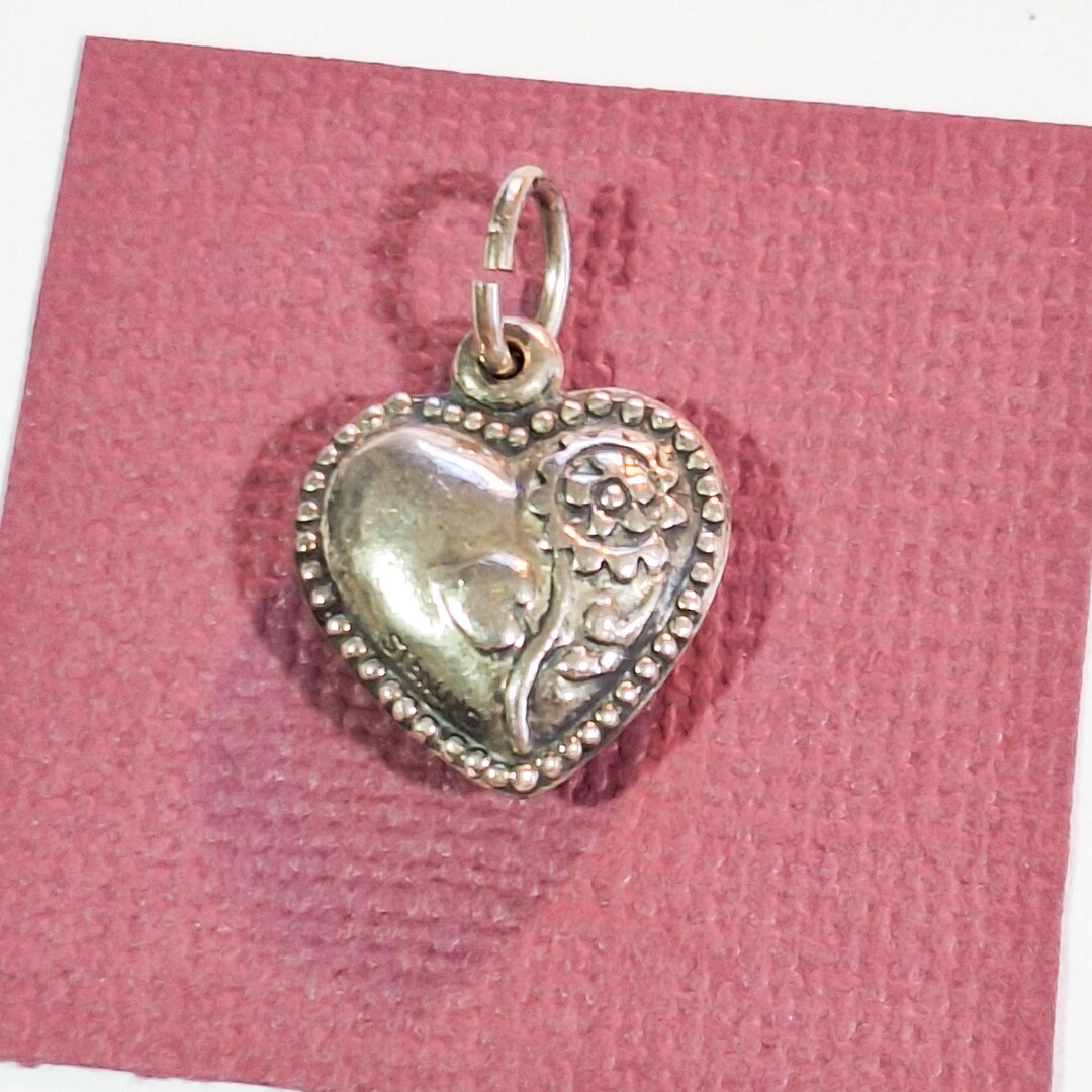 Vintage Sterling Silver Puffy Heart Charm for Bracelet, Floral Design ...