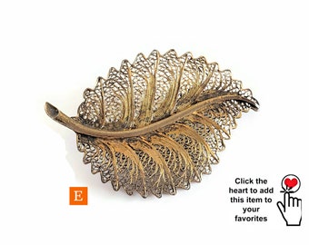 Vintage Sterling Silver Gold Vermeil Leaf Shaped Brooch, Fine Filigree Wirework, Beautiful Patina, Dress, Scarf, Shawl Pin, Botanical Brooch