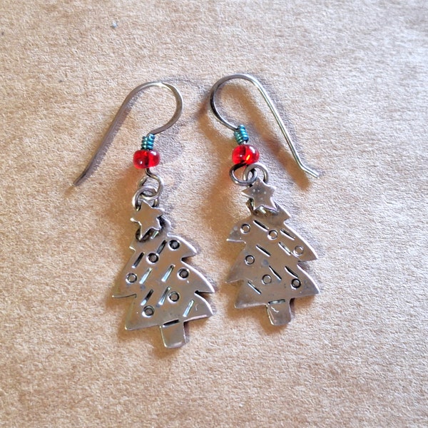 Estate Signed Far Fetched Sterling Silver Christmas Tree Earrings with Red and Green Accent Beads, Hook Ear Wires Pierced Earrings  FT89H