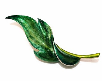 Vintage Torino Leaf Brooch Repurposed (surface damage) Add a Pop of Color to Your Ensemble, Cool and Smooth, Bold Green Enamel Leaf Pin