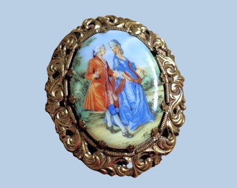 Vintage Signed Western Germany Brooch, Bezel Set Decorative Plaque with Old Fashion Couple, Fancy Dog Tooth Prong Setting 98RE6