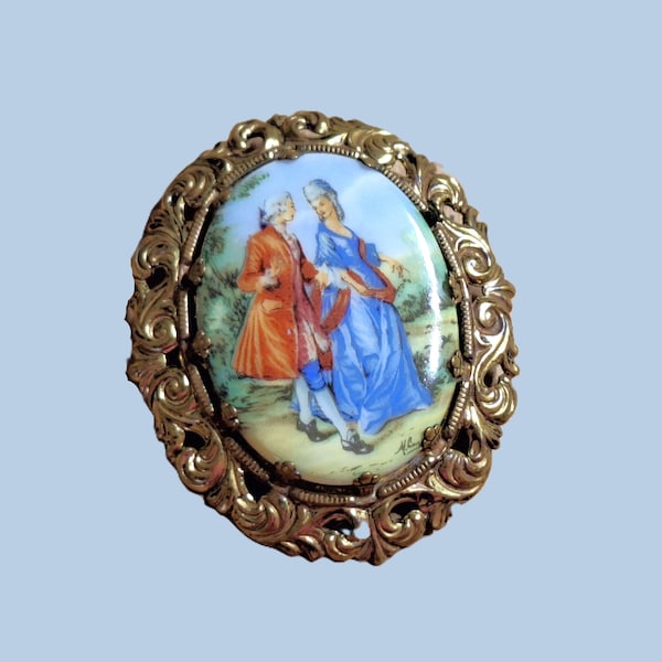 Vintage Signed Western Germany Brooch, Bezel Set Decorative Plaque with Old Fashion Couple, Fancy Dog Tooth Prong Setting 98RE6