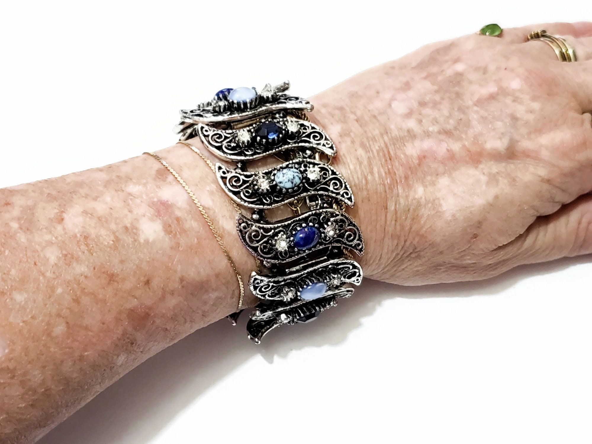 Vintage Blue, Silver, Fashion Bracelet, Chunky Wide Vintage Blue, Silver, Fashion Bracelet, Chunky Wide