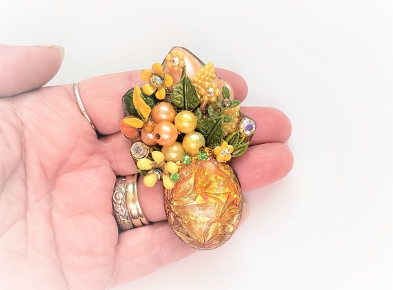 Broche Vintage Fleur En émail Jaune Rose Orange - Base Argentée, Bijou Ancien Années 1800
