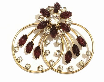 Vintage Hayward 12k Gold Filled Brooch and Pendant, Clear and German Red Glass Rhinestones, Signed, Can Be Worn As Necklace Pendant and Pin