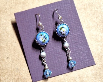 OOAK Earrings Blue with Flowers and Blue Crystal Drop Sterling Silver French Ear Wires and Dangle, Repurposed from Broken Bracelet  XW54L