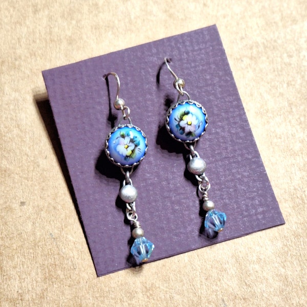 OOAK Earrings Blue with Flowers and Blue Crystal Drop Sterling Silver French Ear Wires and Dangle, Repurposed from Broken Bracelet  XW54L