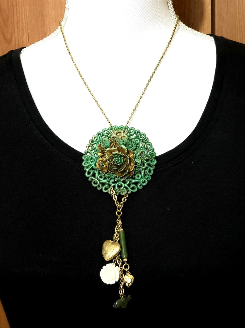 Gold Filled Locket Carved Flower Old Celluloid Buckle Jade Assemblage Necklace OOAK Good Luck Elephant Sterling Gold Vermeil Chain