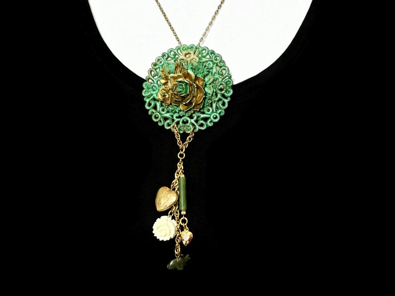 Gold Filled Locket Carved Flower Old Celluloid Buckle Jade Assemblage Necklace OOAK Good Luck Elephant Sterling Gold Vermeil Chain
