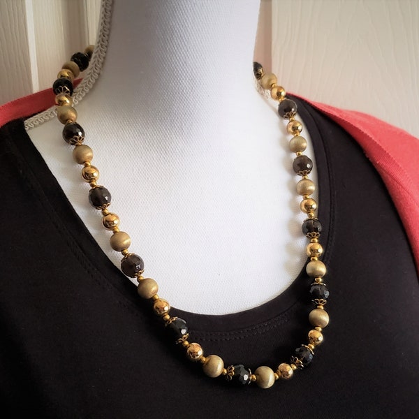 Vintage Sterling Silver, 18k Gold Clad Ball Bead Necklace, Veronese Italian Designer Black Faceted Accent Beads, Brushed & Polished Finishes