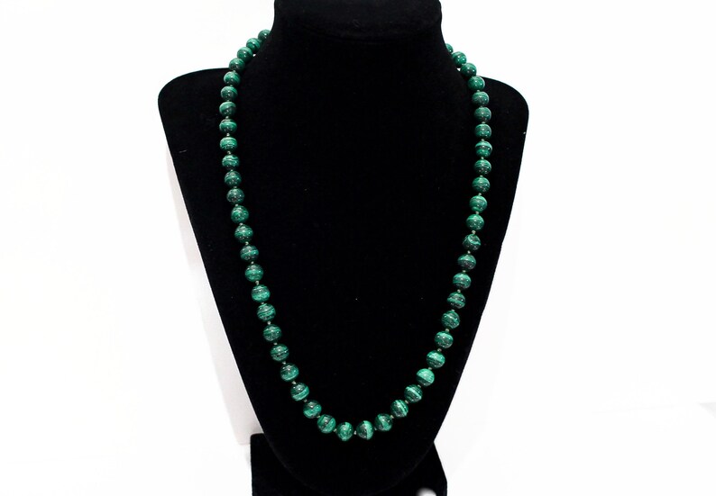 5mm Green Stone Beads Knotted 21 Inch Necklace, Vintage Malachite Beaded Necklace with Gold Gilt Sterling Silver Fish Hook Clasp