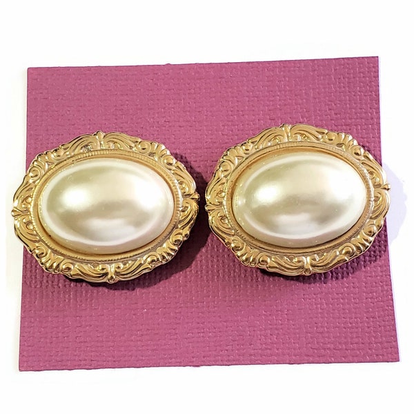 Vintage Bluette Shoe Clips, Gold Tone Metal Rim with an Ornate Rococo Design, Large Oval White Faux Pearl Center, for Heels, Pumps, Flats