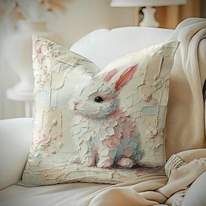 Whimsical Bunny Cushion: Soft Pastel Rabbit Art Throw Pillow for Spring Decor & Cozy Home Accents