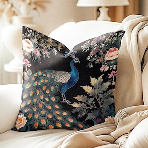 Dark Floral Peacock Throw Pillow | Black, Blue, Green, Blush and Ochre Cushion | Oriental Inspired | Dark Academia & Maximalist Decor