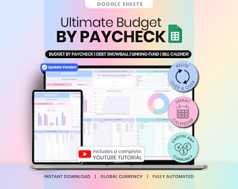 Ultimat årligt budgetark, budget per lönecheck, fakturakalender, skuldsnöboll Google Sheets-mall