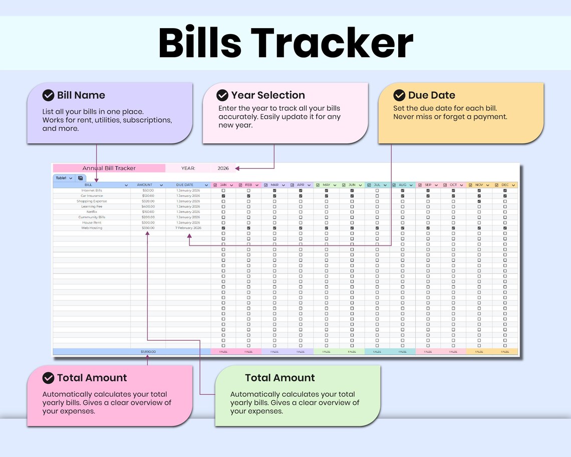 Smart Bill Sample Smart Monthly Bill Tracker Spreadsheet, Google Sheets & Excel (digital ...